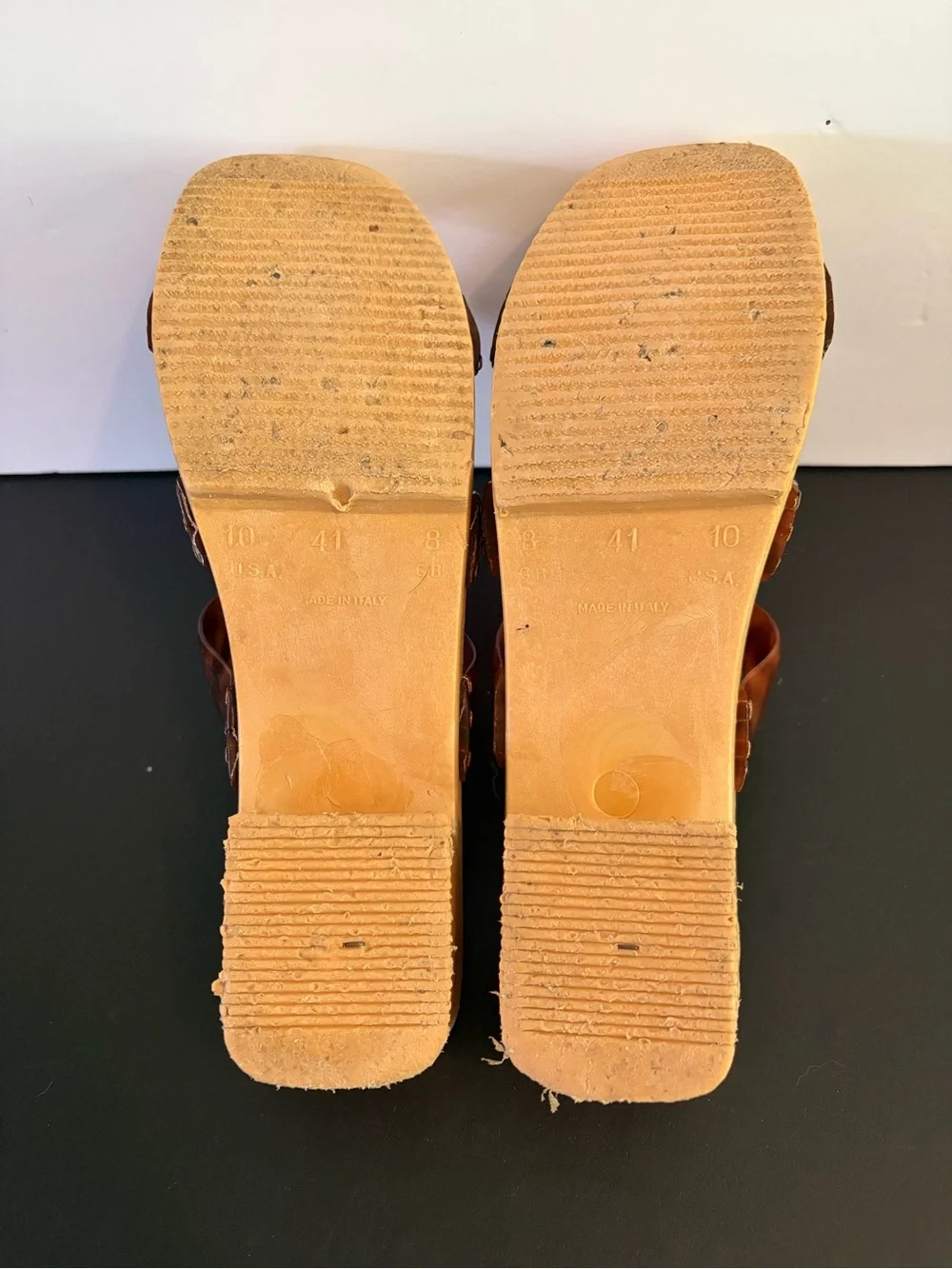 Vintage Italian made wooden slides with triple tortoiseshell Vinyl/Lucite Straps
